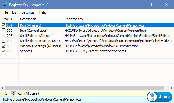 Registry Key Jumper mein menu